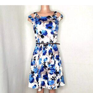 Cartise Blue Floral Belted Fit N Flare Dress Cap Sleeves Open Shoulder